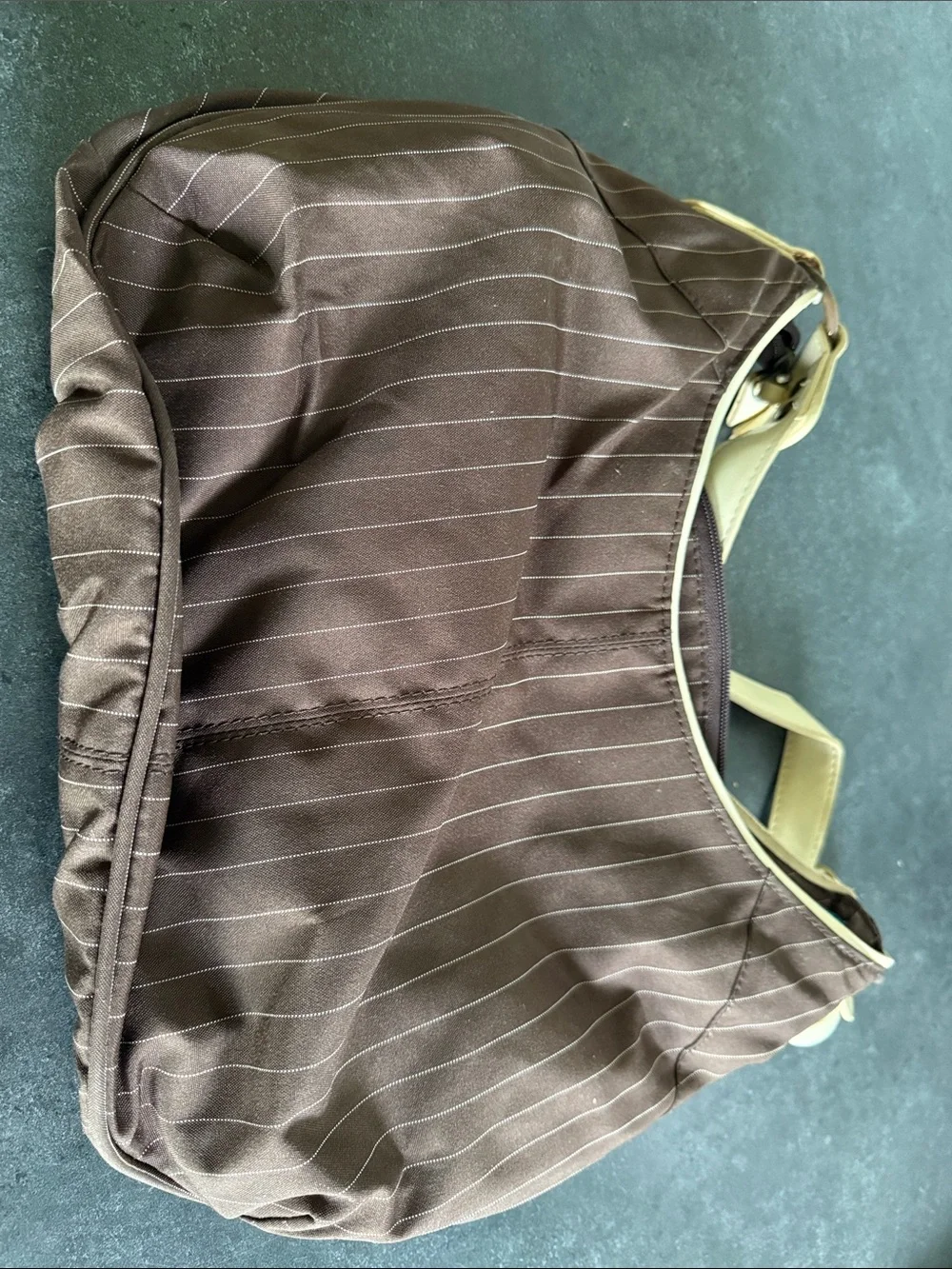Brown Pinstripe Shoulder Bag with Teal Embroidery hobo bag by Ogio